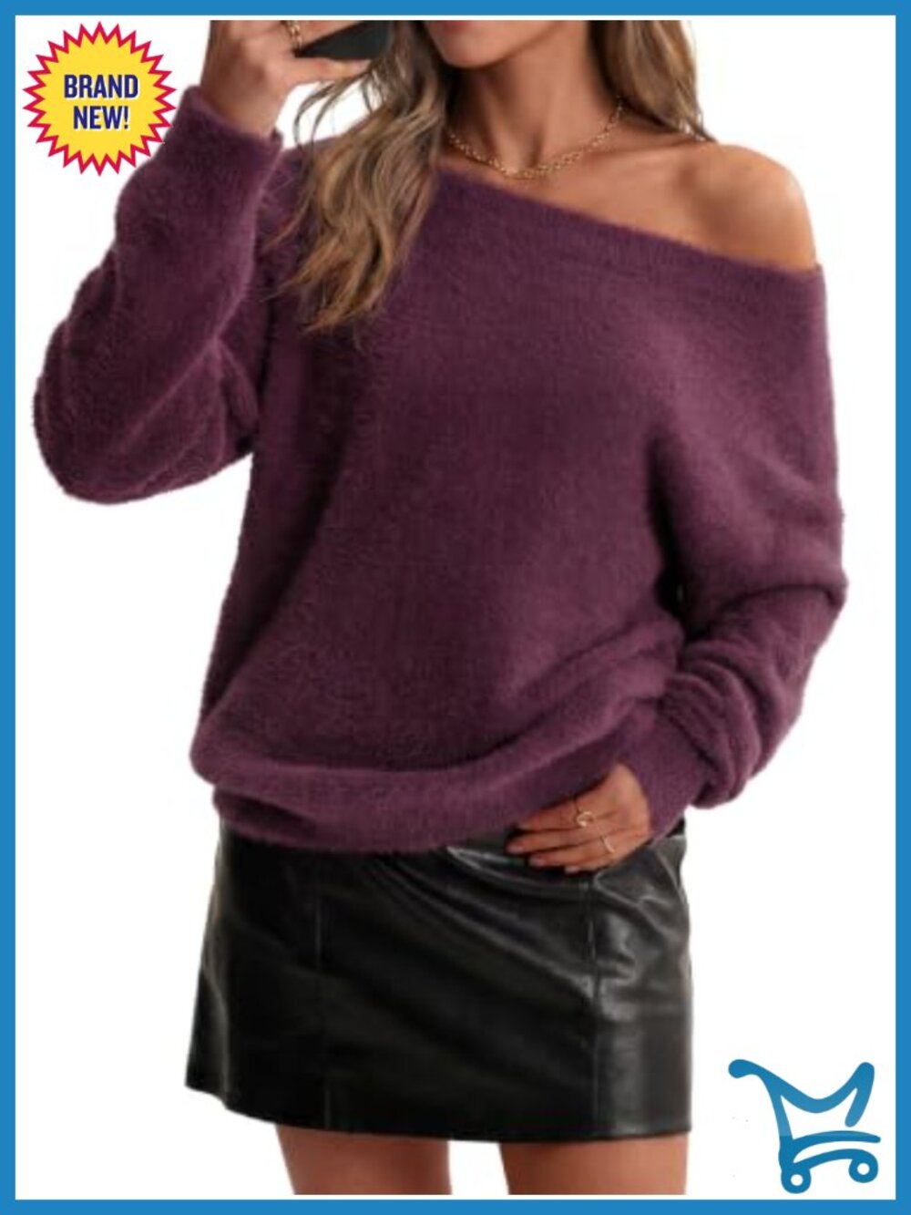 Faux Fur Off Shoulder Fuzzy Wool Blend Pullover Sweater Long Sleeve